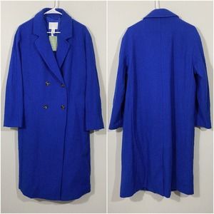 H&M Boucle Tweed Oversized Long Double Breasted Coat Womens Size Large Blue NEW